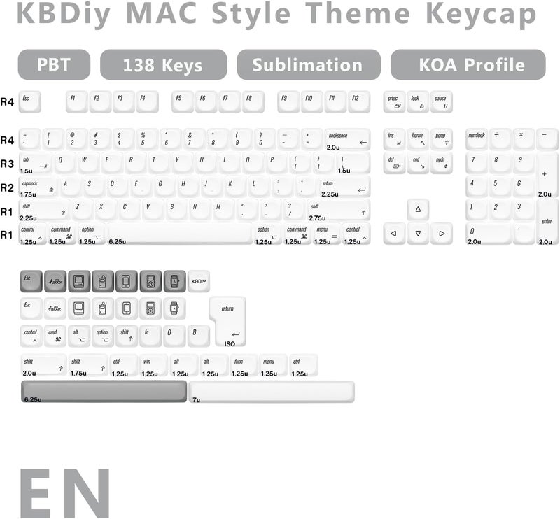 YMKPVR KBDiy for MAC Style KOA Profile Keycaps 60 Percent,Dye-Sublimation PBT White Custom Keyboard Keycap,138 Keys Cap Set for Cherry Gateron MX Switches Mechanical Keyboards - Image 2